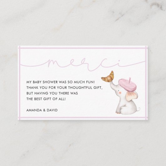 メルシフランスのピンクガール赤ちゃんシャワーありがとう エンクロージャーカード (正面)