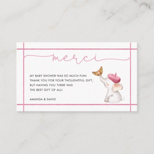 メルシフランスのピンクガール赤ちゃんシャワーサンキューカード エンクロージャーカード (正面)