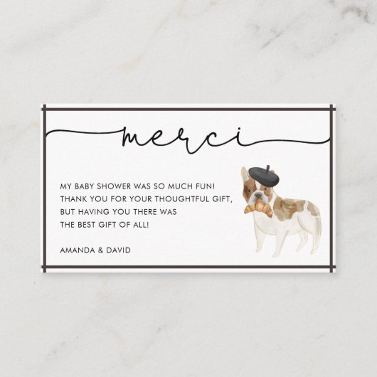 メルシフランスのブルドッグ赤ちゃんシャワーありがとう エンクロージャーカード (正面)