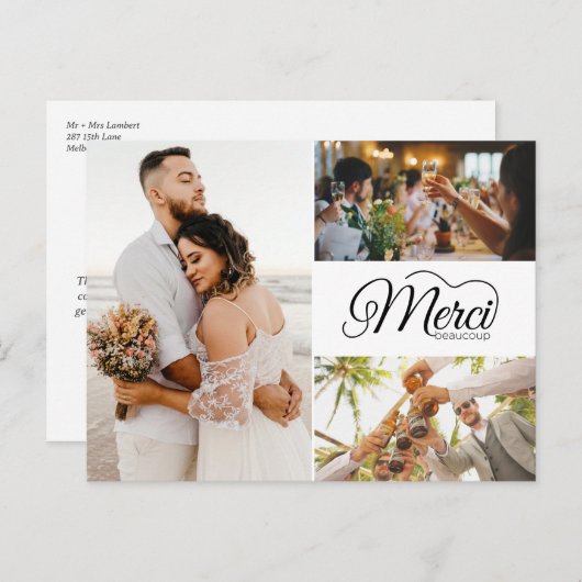 メルシーボークー3枚の写真エレガントな結婚式 インビテーションポストカード (正面/裏面)