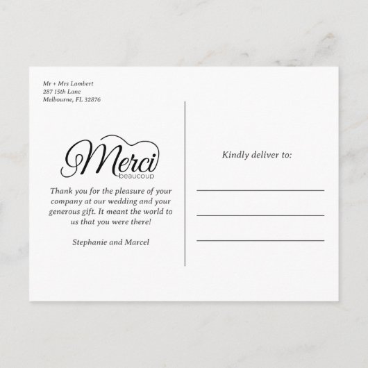 メルシーボークー3枚の写真エレガントな結婚式 インビテーションポストカード (裏面)