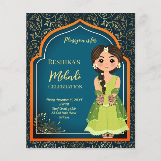 メルディインディアンアラビアデザインティール（緑がかった色）予算招待状 (正面)