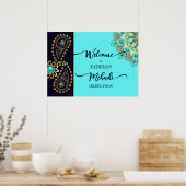 メルディブルーティール（緑がかった色）金ゴールドジュエリーペイズリーウェルカムサイン ポスター (キッチン)