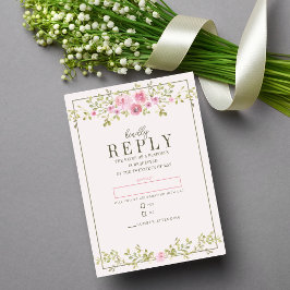 メルヘン調の花とピンクとグリーンの庭のツタの結婚式 出欠カード