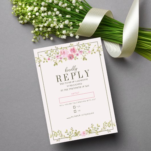 メルヘン調の花とピンクとグリーンの庭のツタの結婚式 出欠カード