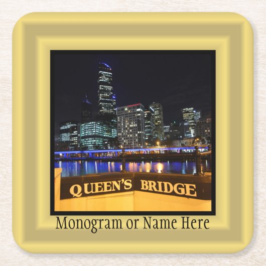 メルボルンオーストラリアCBDライトオーバークイーンズブリッジ スクエアペーパーコースター (正面)
