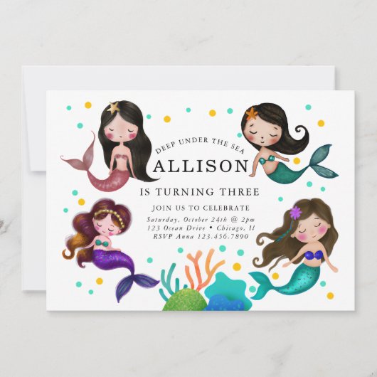 メルマイドかわいらしズアンダーザシーガールズ誕生日 招待状 (正面)