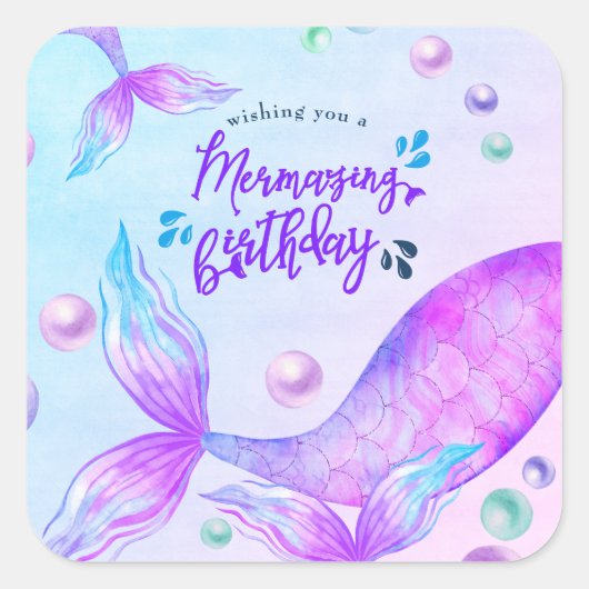 メルマージング誕生日マーメイドテールおもしろいとブライト スクエアシール (正面)