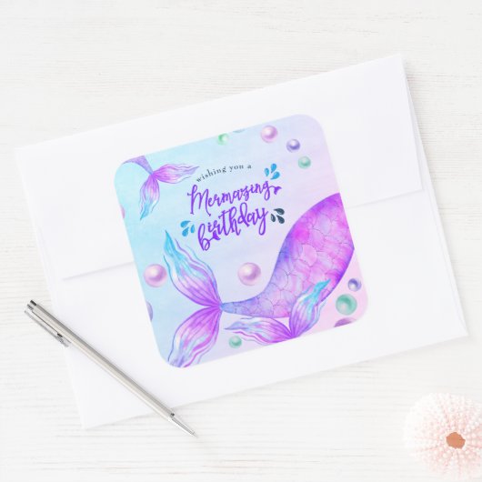 メルマージング誕生日マーメイドテールおもしろいとブライト スクエアシール (封筒)