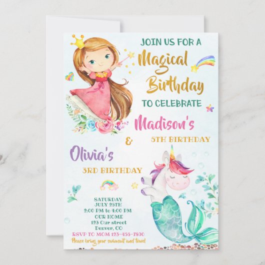 メルミコーンとプリンセス誕生日の招待状の女の子 招待状 (正面)