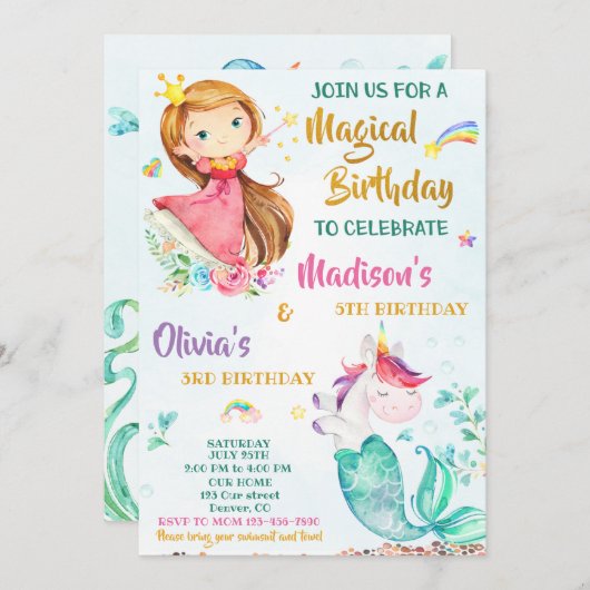 メルミコーンとプリンセス誕生日の招待状の女の子 招待状 (正面/裏面)