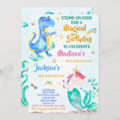 メルミコーンと恐竜の誕生日の招待ツインズ 招待状 (正面/裏面)