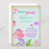 メルメイドの女の子の誕生日の招待、スプラッシュ。 招待状 (正面/裏面)