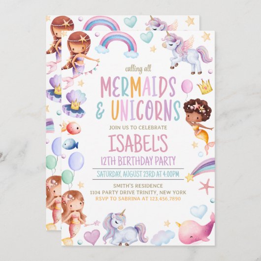 メルメイドアンドユニコーン誕生日 招待状 (正面/裏面)