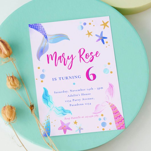 メルメイドピンクブルー誕生日パーティーの招待 招待状