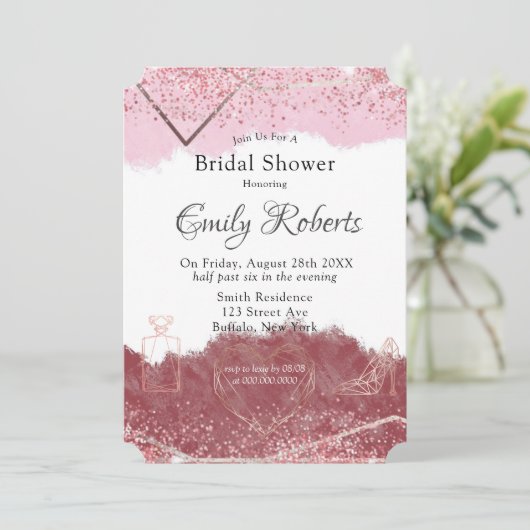 メルロと赤面ピンクウォーターカラーブライダルシャワー 招待状 (スタンド正面)