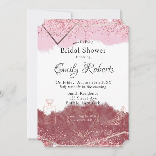 メルロと赤面ピンクウォーターカラーブライダルシャワー 招待状 (正面)