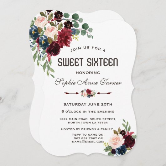 メルロエレガントーネイビーブルーフローラスウィート16 招待状 (正面/裏面)