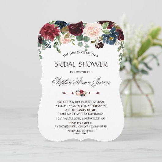 メルロエレガントーネイビーブルーフローラブライダルシャワー 招待状 (スタンド正面)