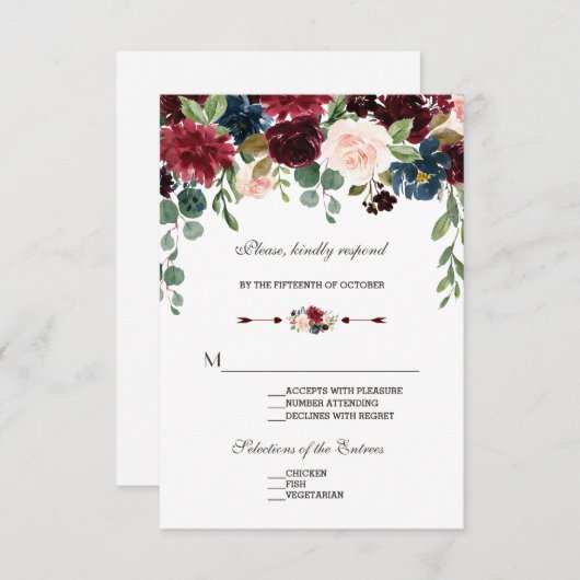 メルロエレガントー海軍ブルーフローラ結婚式RSVP 出欠カード (正面/裏面)