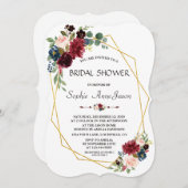 メルロネイビーブルーフローラ金ゴールドダイヤモンドブライダルシャワー 招待状 (正面/裏面)