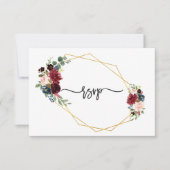 メルロネイビーブルーフローラ金ゴールドフレームウェディングRSVP 出欠カード (正面)