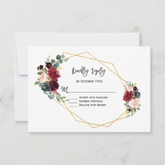 メルロネイビーブルーフローラ金ゴールドフレームウェディングRSVP 出欠カード (裏面)