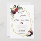 メルロネイビーブルーフローラ金ゴールドフレームブライダルシャワー 招待状 (正面)