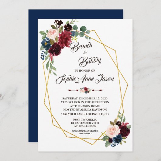 メルロネイビーブルーフローラ金ゴールドフレームブライダルシャワー 招待状 (正面/裏面)