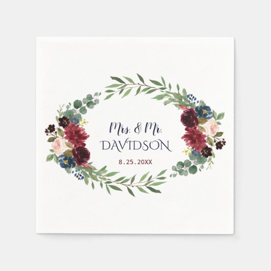 メルロネイビーブルーフローラ開花ウェディングプランナー スタンダードカクテルナプキン (正面)