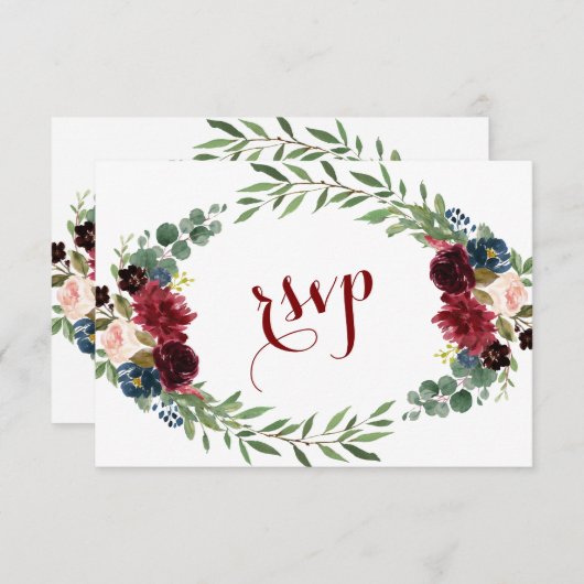 メルロネイビーブルーフローラ開花ウェディングRSVP 出欠カード (正面/裏面)