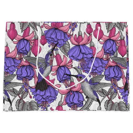 メルローズとピンクのハミングバードガーデン ラージペーパーバッグ (正面)