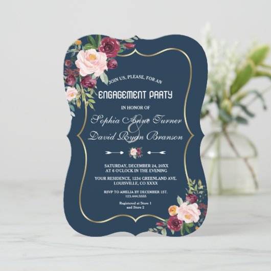 メルロ魅力的ーネイビーブルーフローラ婚約パーティ 招待状 (スタンド正面)