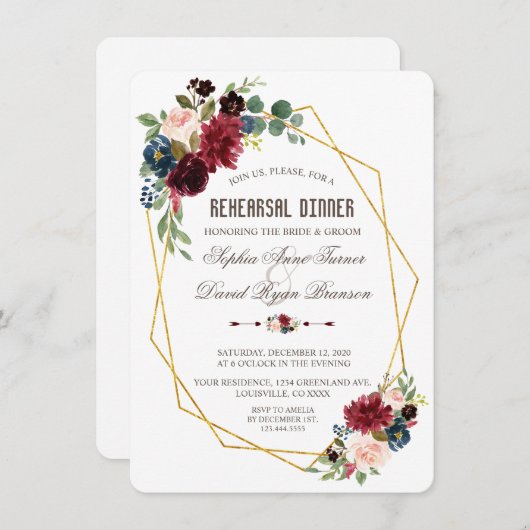 メルロ魅力的ー海軍ブルーフローラリハーサルディナー 招待状 (正面/裏面)