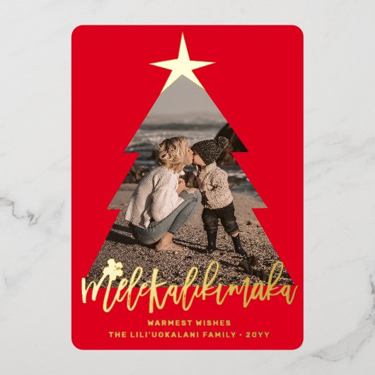 メレカリキマカクリスマスツリー切り出し赤写真 箔シーズンカード (正面)