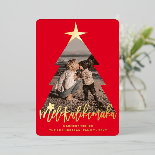メレカリキマカクリスマスツリー切り出し赤写真 箔シーズンカード (立ち正面)