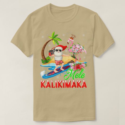 メレカリキマカメリークリスマスハワイアンフラミンゴサンタ Tシャツ (デザイン正面)