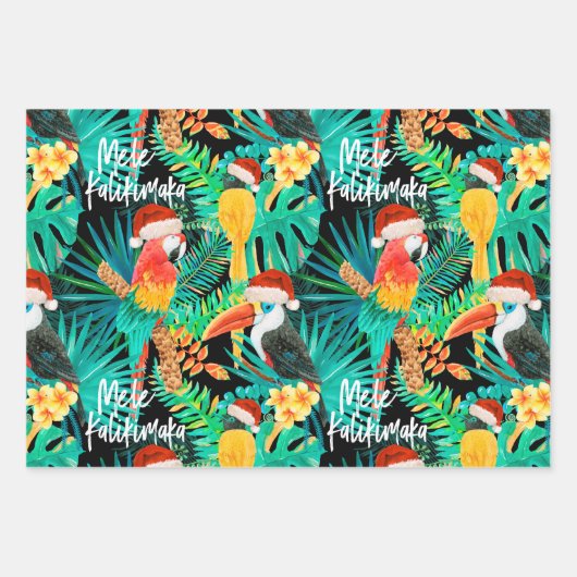 メレカリキマカ熱帯ジャングルの鳥とストライプ  ラッピングペーパーシート (正面)