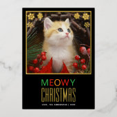 メロウクリスマス かわいいペット猫の写真＆雪の結晶 箔シーズンカード (正面)
