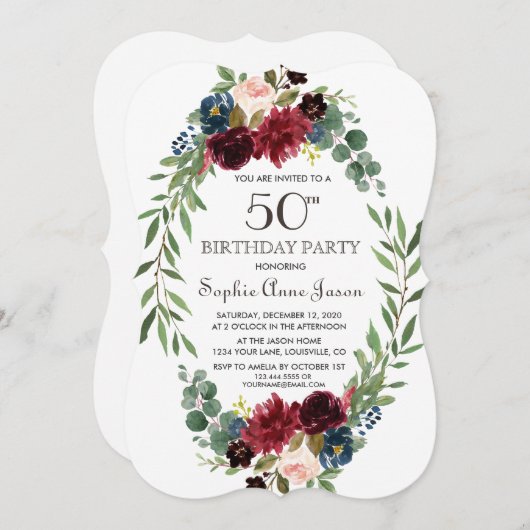 メロエレガントットネイビーブルーフローラ50誕生日 招待状 (正面/裏面)