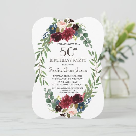 メロエレガントットネイビーブルーフローラ50誕生日 招待状 (スタンド正面)