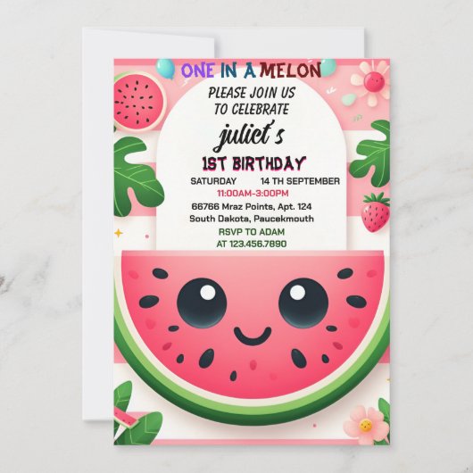 メロクールン1歳の誕生日にピンクの夏の1日 招待状 (正面)