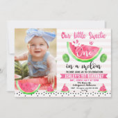 メロストライプのンのピンクの写真1歳の誕生日 招待状 (正面)