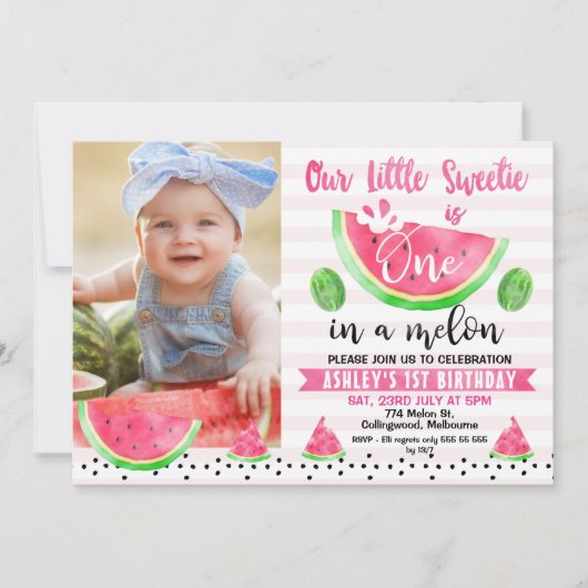 メロストライプのンのピンクの写真1歳の誕生日 招待状 (正面)