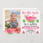 メロストライプのンのピンクの写真1歳の誕生日 招待状 (正面/裏面)