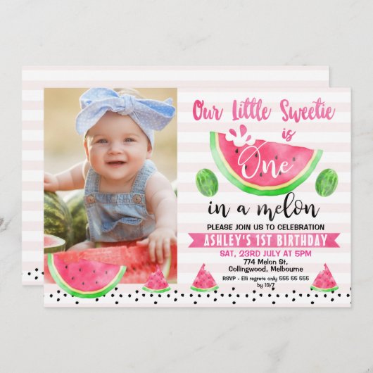 メロストライプのンのピンクの写真1歳の誕生日 招待状 (正面/裏面)