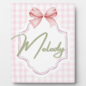 メロディパーソナライズされたベビーガール子供部屋ボウ&ギンガム フォトプラーク (正面)