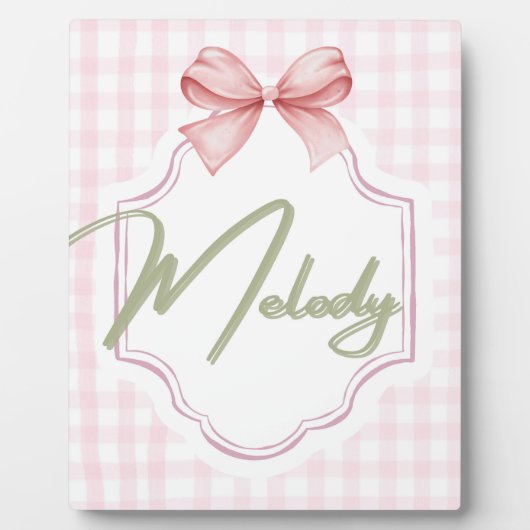 メロディパーソナライズされたベビーガール子供部屋ボウ&ギンガム フォトプラーク (正面)