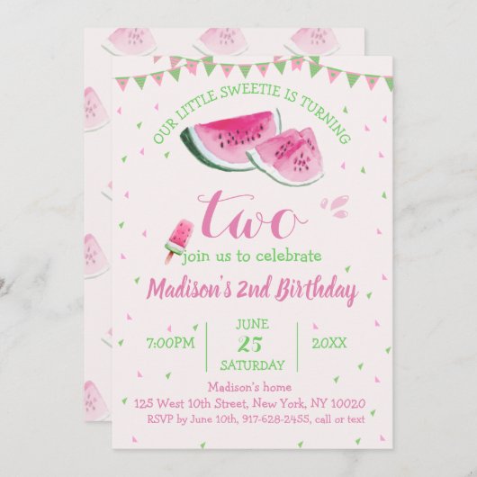 メロンかわいいスイカに一つセカンド誕生日 招待状 (正面/裏面)