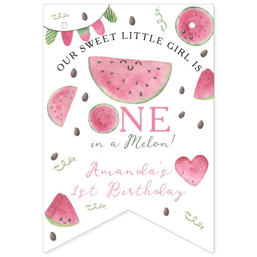 メロンかわいいスイカの女の子1歳の誕生日 バンティングフラッグ (第1の旗)